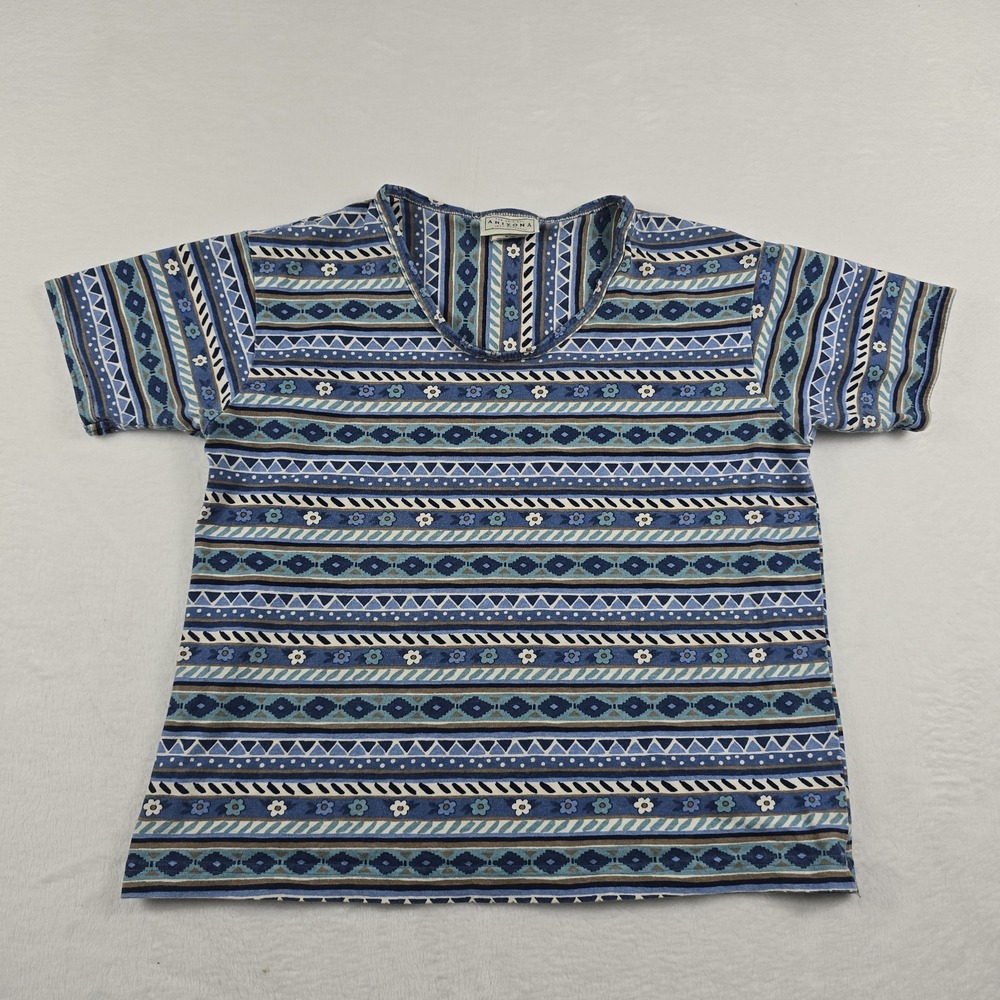 Vintage Arizona Jean Co Blue Geometric Floral Striped Cotton Tee Made in USA L